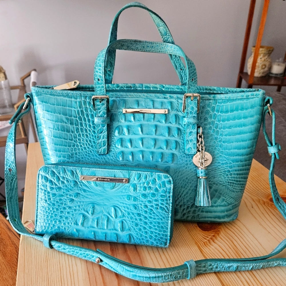 Brahmin Asher Turquoise Satchel Shoulder Crossbody Handbag Purse W/ Wallet